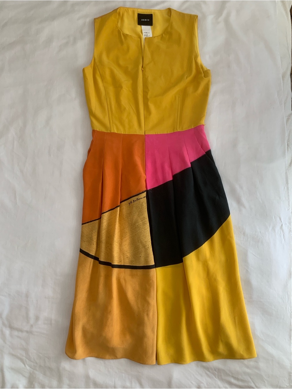 EUC Akris Sunrise Print Silk Dress Colorblock Sleeveless Luxury US 6